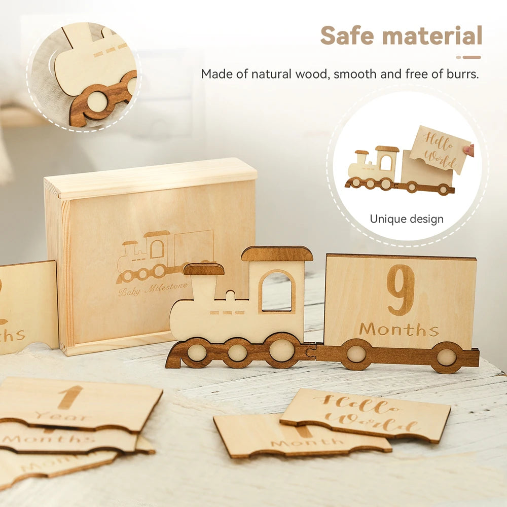 Baby Wooden Train Milestone Cards – 14-Piece Set with Organizer Box