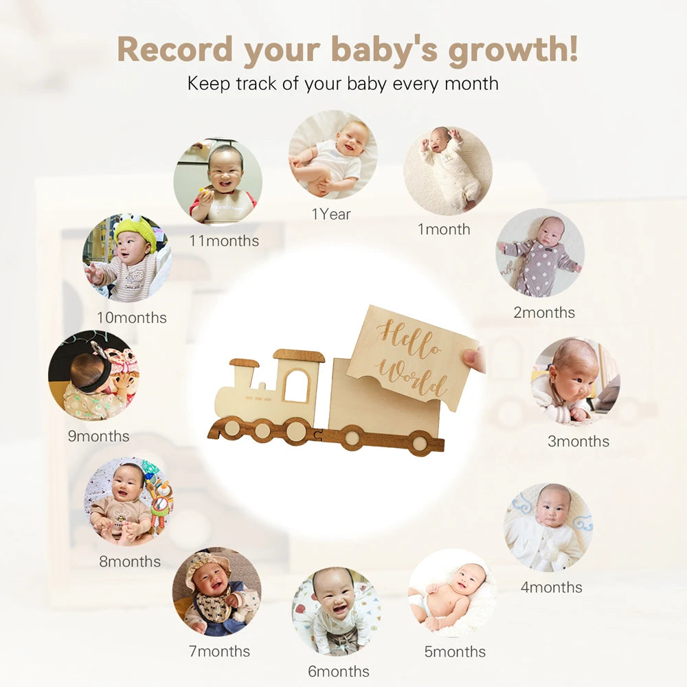 Baby Wooden Train Milestone Cards – 14-Piece Set with Organizer Box