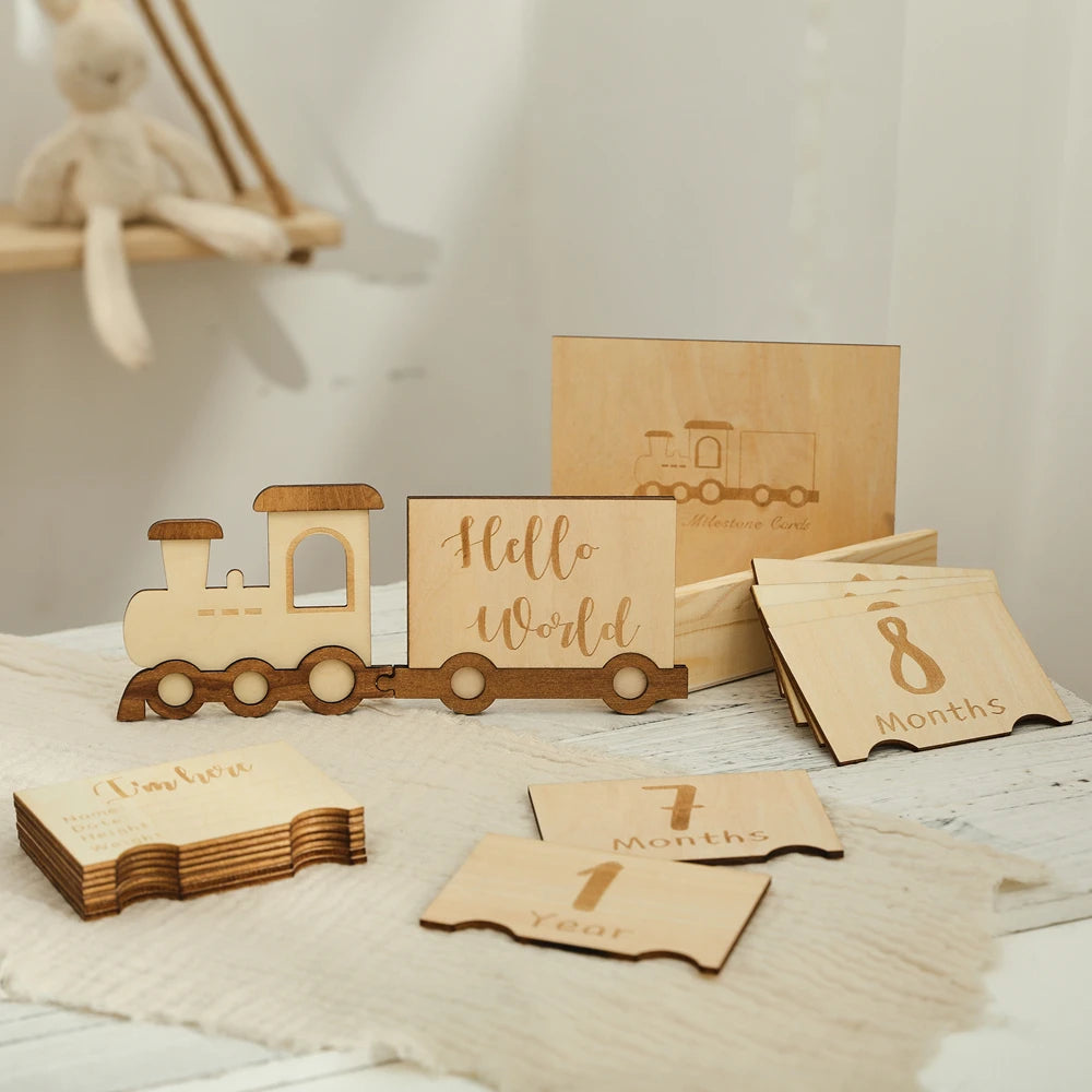 Baby Wooden Train Milestone Cards – 14-Piece Set with Organizer Box