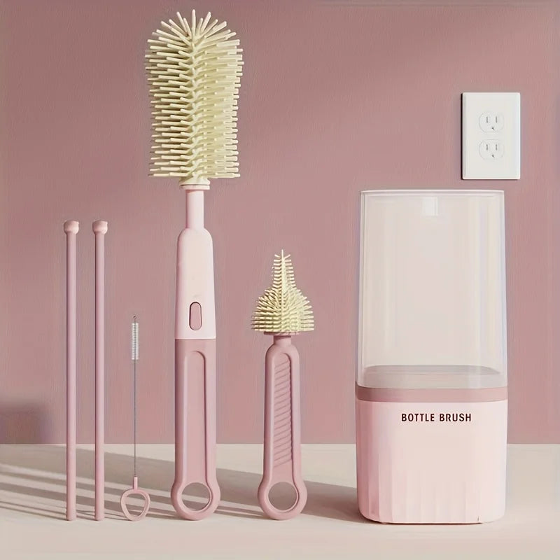 Baby Silicone Bottle Brush Set – 360° Rotating Bottle Cleaning Brush with Drying Rack