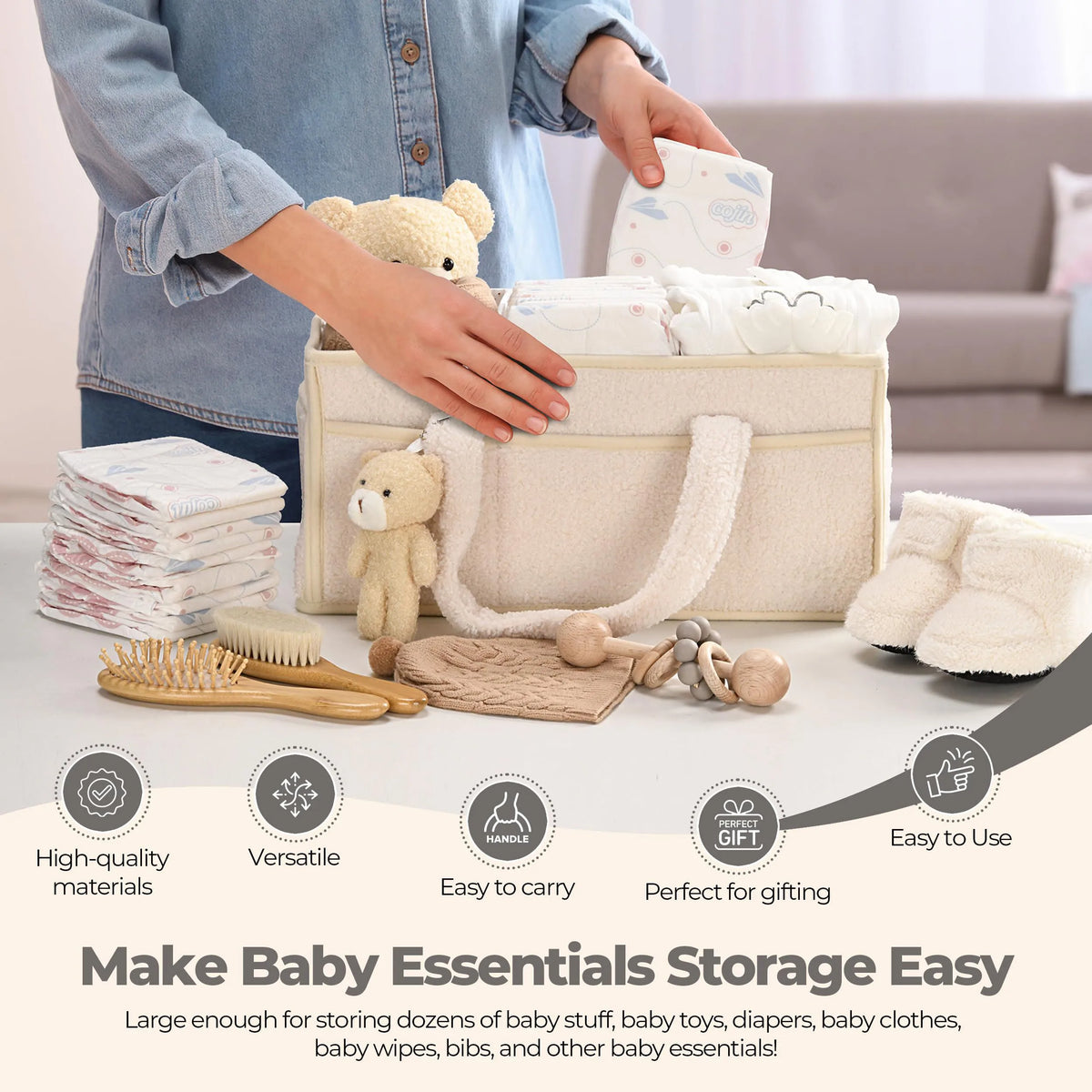 Baby Diaper Caddy Organizer with Handle – Portable Storage Basket for Diapers, Wipes & Baby Essentials