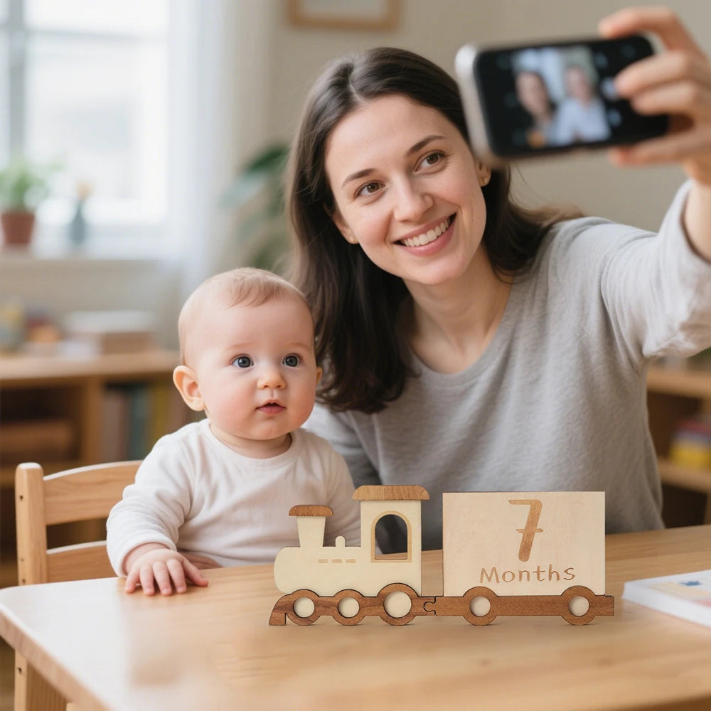 Baby Wooden Train Milestone Cards – 14-Piece Set with Organizer Box