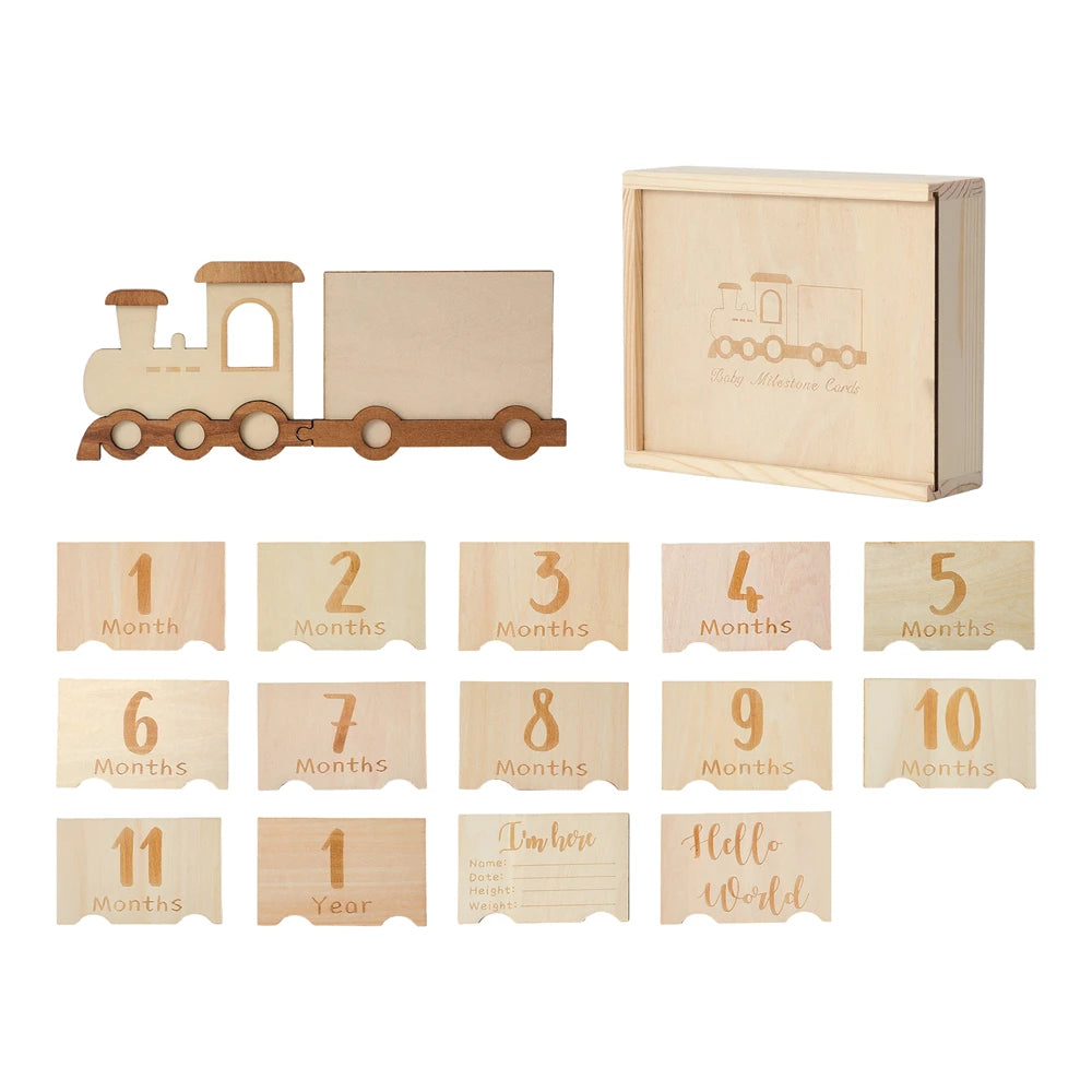 Baby Wooden Train Milestone Cards – 14-Piece Set with Organizer Box