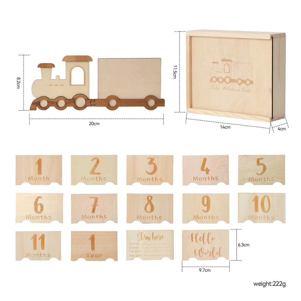 Baby Wooden Train Milestone Cards – 14-Piece Set with Organizer Box