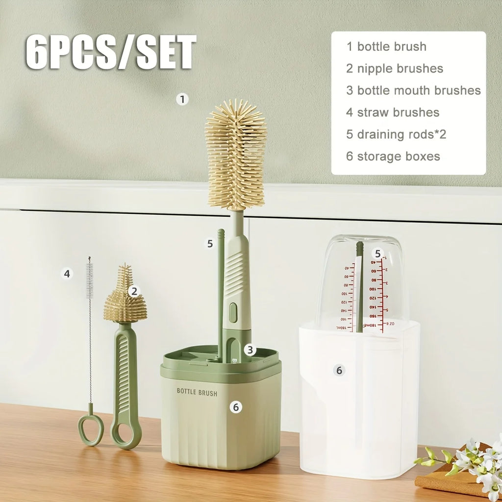 Baby Silicone Bottle Brush Set – 360° Rotating Bottle Cleaning Brush with Drying Rack